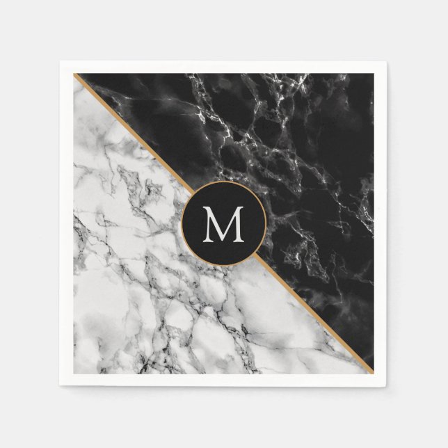 Personalized Letter Napkins Black White Marble (Front)
