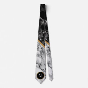 Personalized Letter Neck Tie Black White Marble