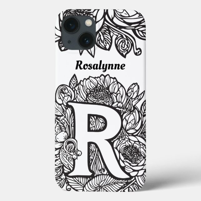 Personalized Letter R Black White Tattoo Flowers Case-Mate iPhone Case (Back)