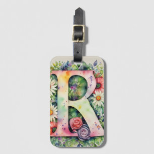 Personalized Letter R Daisy Floral Watercolor Luggage Tag