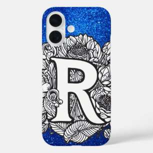 Personalized Letter R Elegant Floral Glitter iPhone 16 Case