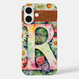 Personalized Letter R Elegant Floral Watercolor  iPhone 16 Case