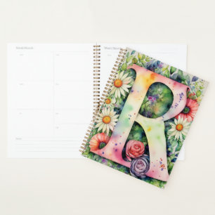 Personalized Letter R Floral Watercolor Notebook  Planner
