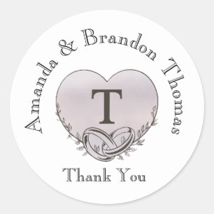 Personalized Letter T Heart Wedding Thank You Classic Round Sticker
