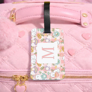 Personalized Letter Tea & Bookish Cat Pink Luggage Tag