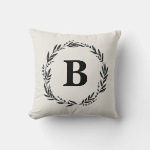 Personalized Letter Wreath Grey Throw Pillow