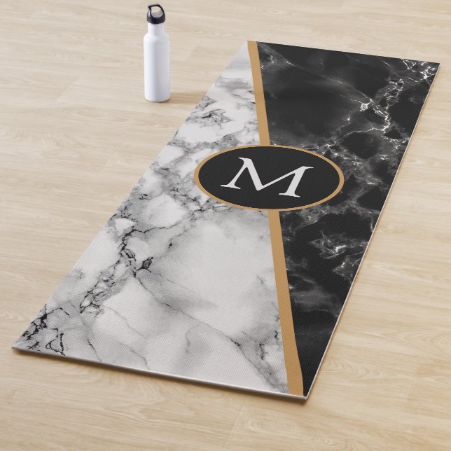 Personalized Letter Yoga Mat Black White Marble (In Situ)