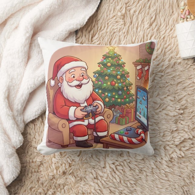 Personalized Level Up Christmas Funny Gamer Santa Throw Pillow (Blanket)