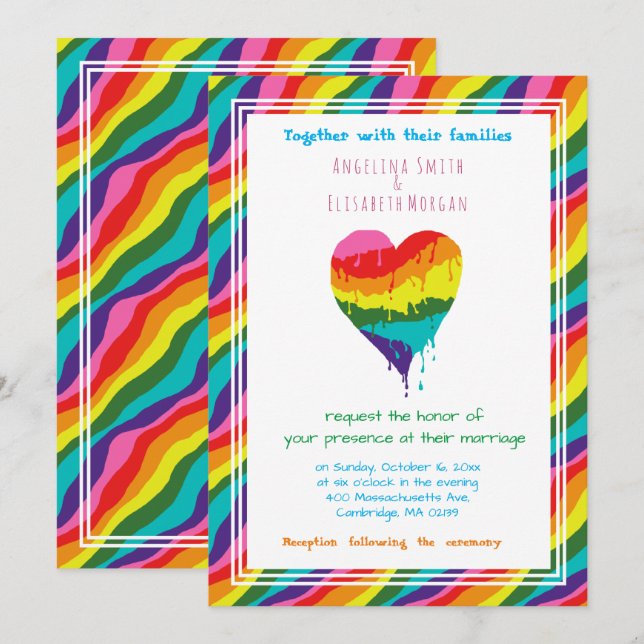 Personalized  LGBT Rainbow Heart  Wedding Invitation (Front/Back)