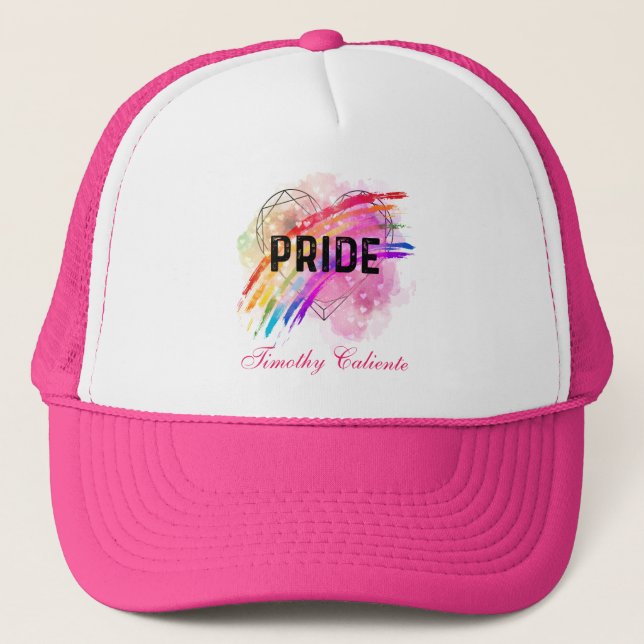 Personalized LGBTQ Pride Rainbow Colour Heart Pink Trucker Hat (Front)