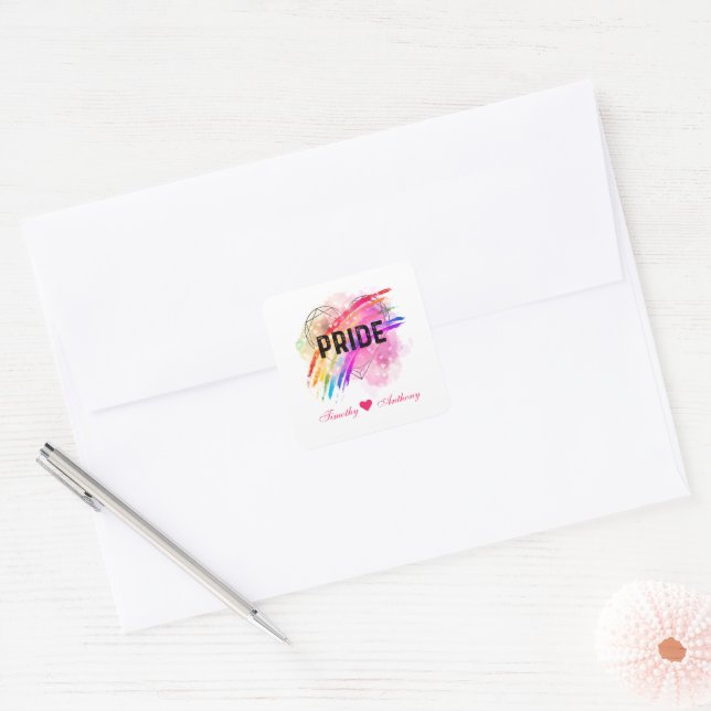 Personalized LGBTQ Pride Rainbow Colour Heart Square Sticker (Envelope)