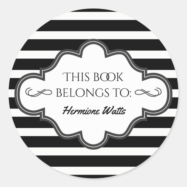 Personalized Library Bookplate Black Stripes Classic Round Sticker (Front)