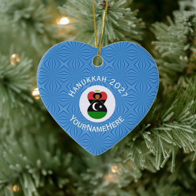 Personalized Libyan Angel Hanukkah Flag Ceramic Ornament (Tree)