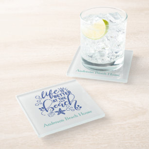 Personalized Life is Better at Beach Blue Green Glass Coaster