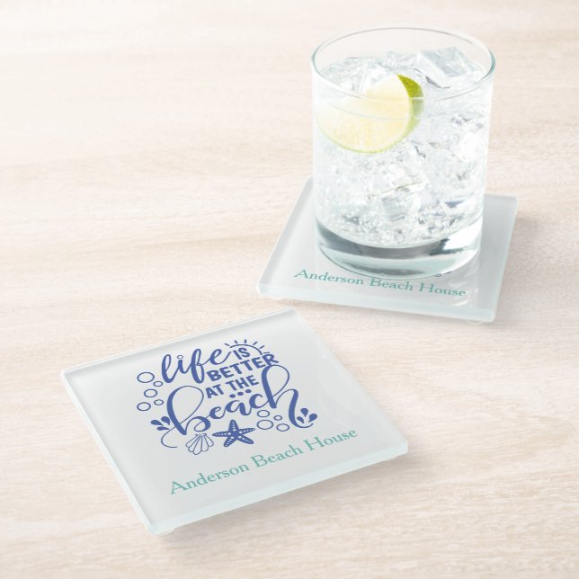 Personalized Life is Better at Beach Blue Green Glass Coaster (Angled)