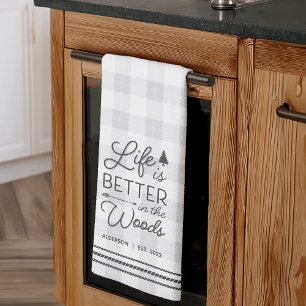 Personalized Life Is Better in the Woods Plaid Kitchen Towel
