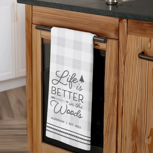 Personalized Life Is Better in the Woods Plaid Kitchen Towel (Creator Uploaded)