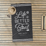 Personalized Life Is Better On The Boat Beach Towel<br><div class="desc">Upgrade your boat gear with this cute personalized beach towel featuring the phrase "life is better on the boat" in white lettering accented with a ship's wheel and an oar. Personalize with your boat name and ship's registry beneath.</div>