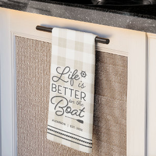 Personalized Life Is Better on the Boat Plaid Kitchen Towel