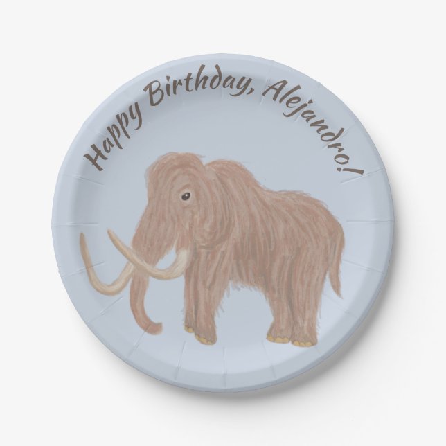 Personalized Light Blue, Brown Woolly Mammoth Paper Plate (Front)