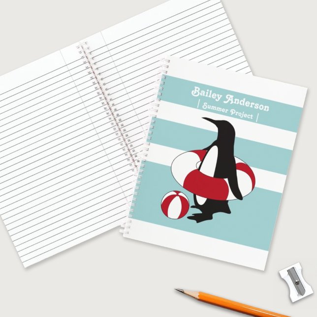 Personalized Light Blue Cute Penguin Swimming Kids Notebook (Creator Uploaded)
