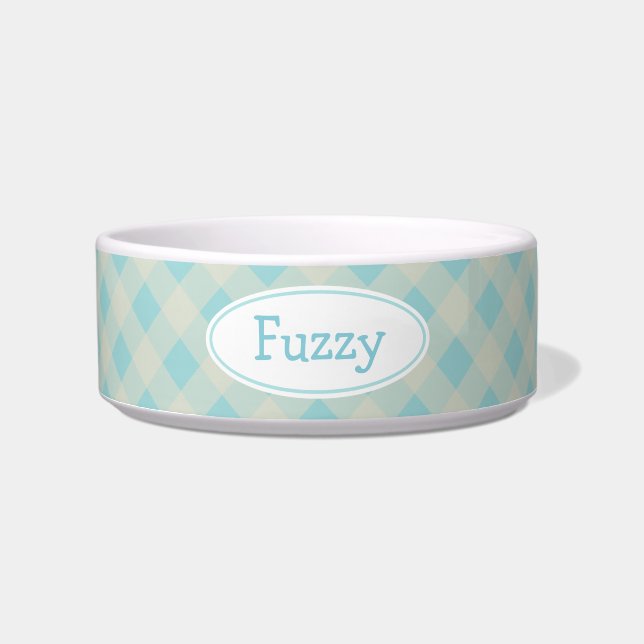 Personalized Light Blue Gingham Pet Bowl (Front)