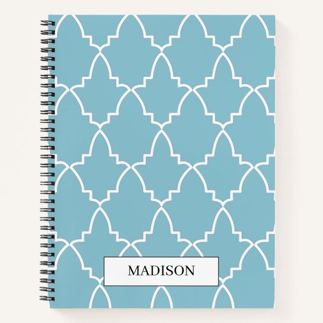 Personalized Light Blue Moroccan Lattice Pattern Notebook (Front)