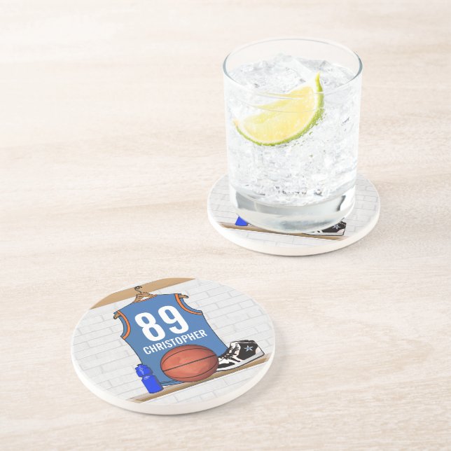 Personalized Light Blue Orange Basketball Jersey Coaster (Side)