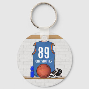 Personalized Light Blue Orange Basketball Jersey Keychain