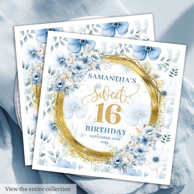 Personalized Light Blue Sweet Sixteen Gold Glitter Napkin (Personalized Light Blue Sweet Sixteen Gold Glitter Napkins)