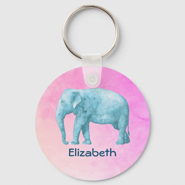 Personalized  Light Blue Watercolor Elephant Keychain (Front)