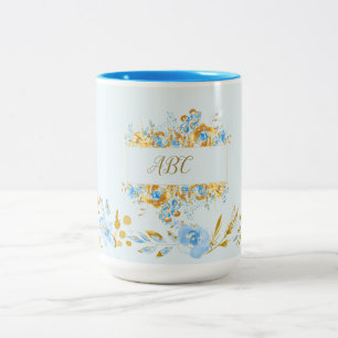 Personalized Light Blue Watercolor Floral Gold Two-Tone Coffee Mug