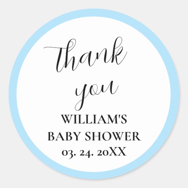 Personalized Light Blue & White Baby Shower  Classic Round Sticker (Front)