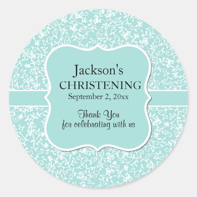 Personalized Light Blue & White Floral Christening Classic Round Sticker (Front)