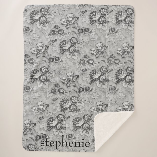 Personalized Light & Dark Grey Florals Sherpa Blanket (Front)