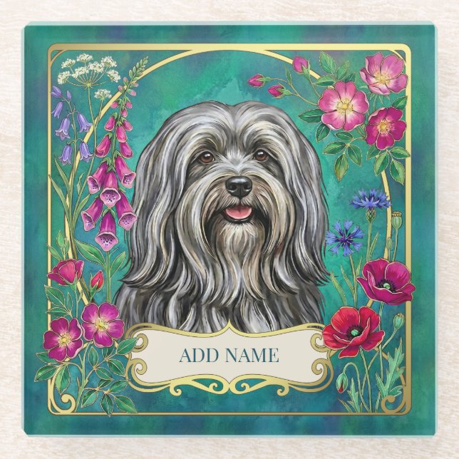 Personalized Light Gray Lhasa Apso Glass Coaster (Front)