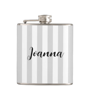Personalized Light Grey and White Stripes Hip Flask