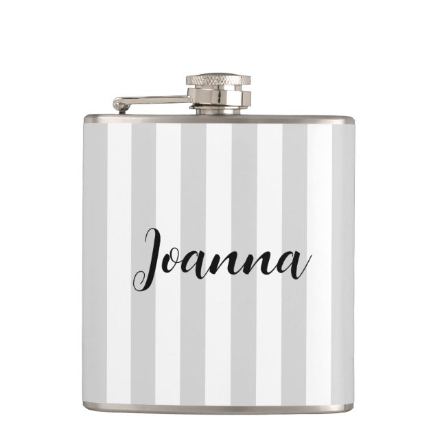 Personalized Light Grey and White Stripes  Hip Flask (Front)