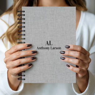 Personalized Light Grey Linen Black Typography Notebook