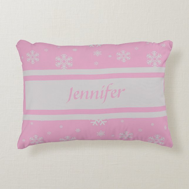 Personalized Light Pink Snowflake Accent Pillow (Front)