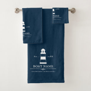 Personalized lighthouse Boat Name Blue Nautical Bath Towel Set