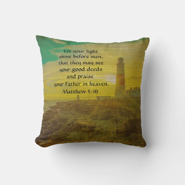 Personalized Lighthouse Sunset Bible Verse Pillow (Front)
