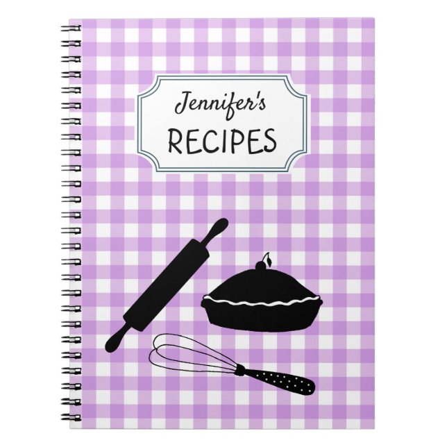 Personalized Lilac Gingham Plaid Pattern Recipe Notebook (Front)