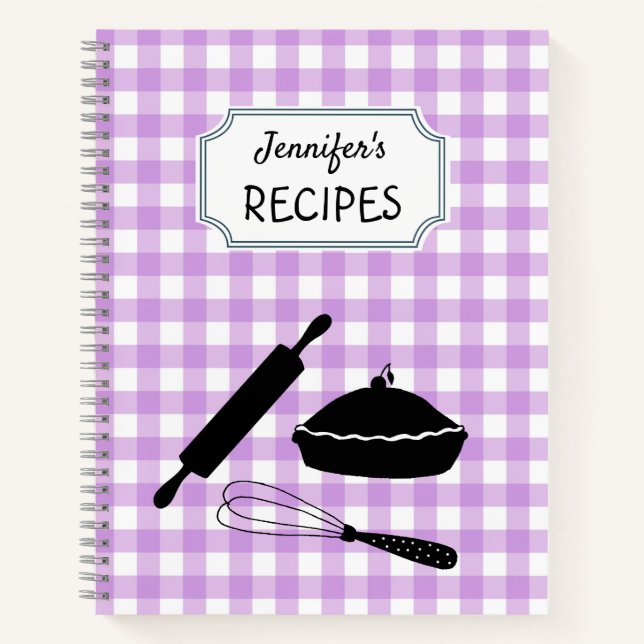 Personalized Lilac Gingham Plaid Pattern Recipe  Notebook (Front)