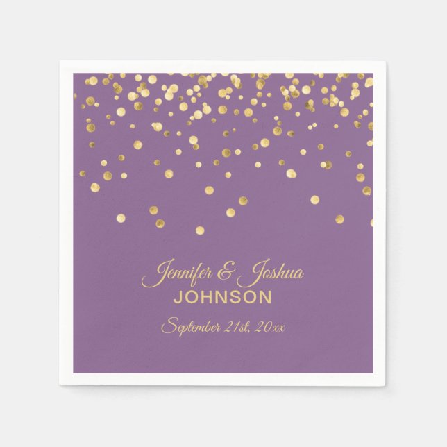 Personalized Lilac Purple Gold Confetti Wedding Napkin (Front)