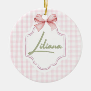 Personalized Liliana Baby Girl Nursery Bow&Gingham Ceramic Ornament
