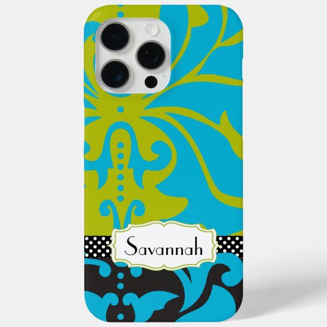 Personalized Lime Aqua Gold Damask iPhone 4 Case (Back)