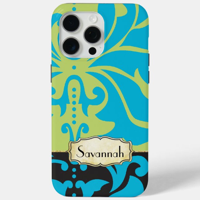 Personalized Lime Aqua Gold Damask iPhone 4 Case (Back)