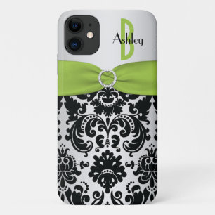Personalized Lime, Black, Silver Damask iPhone 11 Case