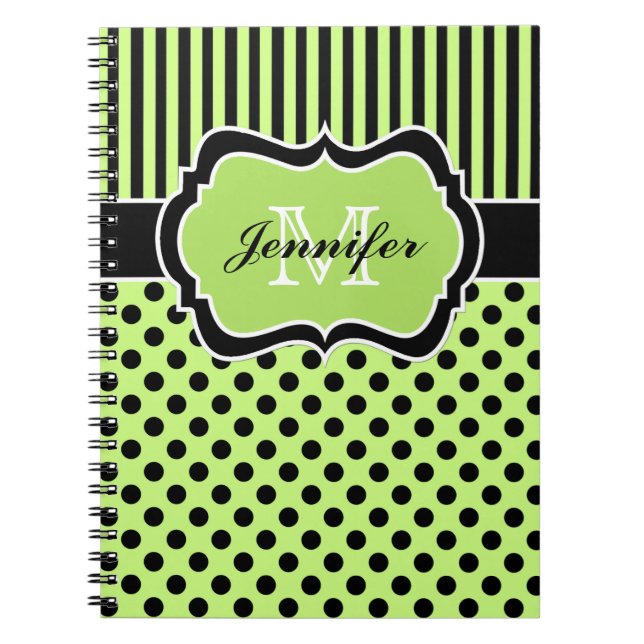 Personalized Lime Black White Striped Polka Dots Notebook (Front)